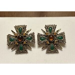 ART Arthur Pepper green stone/amber rhinestone Maltese Cross earrings